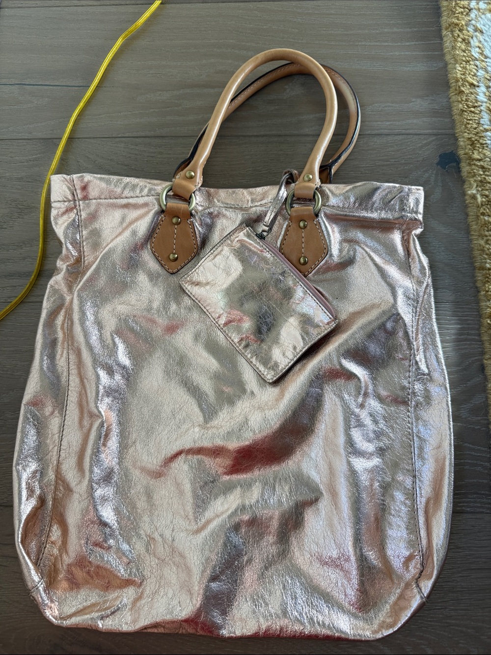 J. Crew Metallic Rose Gold Tote with Tan Handles